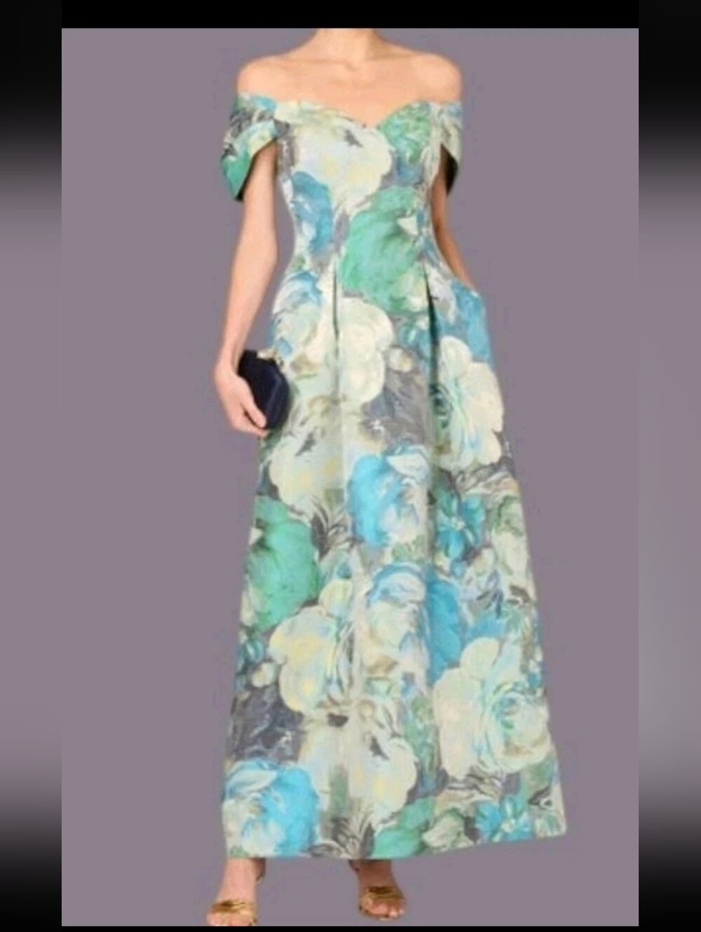 Adrianna Papell Aidan Mattox Floral Jacquard Long Gown Blue Multi Size 6 $595